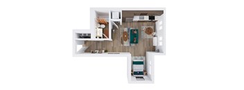 A top down view of a modern apartment with a kitchen, living room, and bedroom.