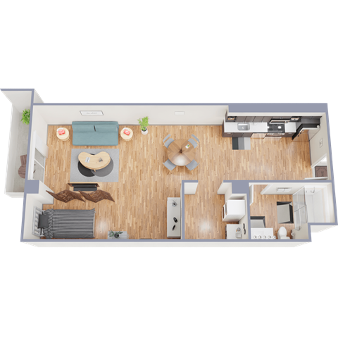 A top-down view of a room with a couch, chairs, a table, and a television.