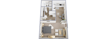 A floor plan of a small apartment with a kitchen, living room, and bedroom.