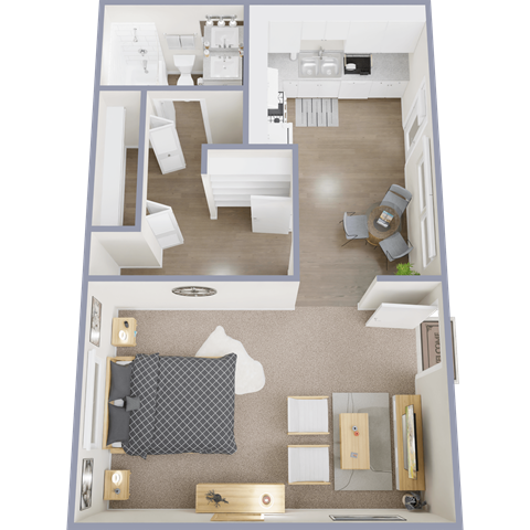 A floor plan of a small apartment with a kitchen, living room, and bedroom.
