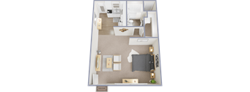 A floor plan of a house with a living room, kitchen, and two bedrooms.