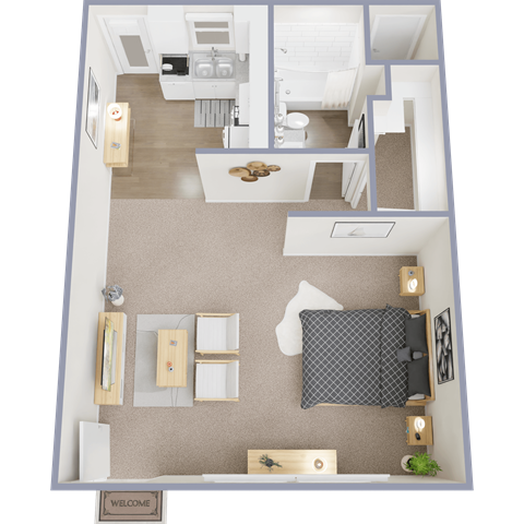 A floor plan of a house with a living room, kitchen, and two bedrooms.