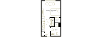 A floor plan of a living and bedroom area with a bathroom, walk-in closet, and a reference area.