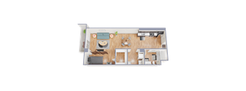 A top-down view of a room with a couch, a coffee table, a bed, and a desk.