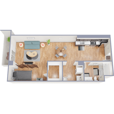 A top-down view of a room with a couch, a coffee table, a bed, and a desk.