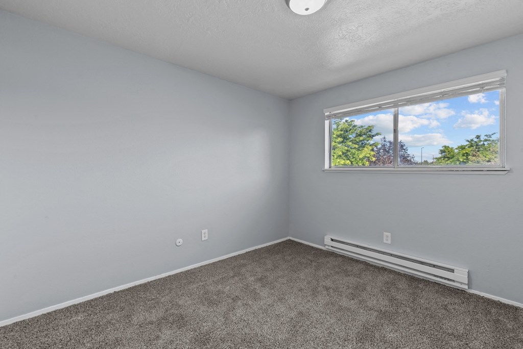 an empty room with carpet and a window