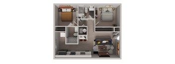 A 3D rendered image of a small apartment layout.
