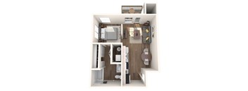 A top-down view of a small apartment with a kitchen, living room, and bathroom.