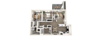 A 3D floor plan of a house with a living room, kitchen, and bathroom.