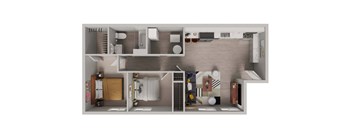 A 3D floor plan of a small apartment with a kitchen, living room, and bathroom.