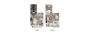 A floor plan of a two-story home with a garage on the first floor and a living area on the second floor.