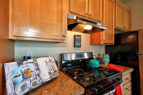 a kitchen with a stove top oven and a refrigerator