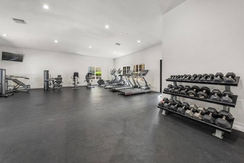 A spacious gym with a variety of exercise equipment.