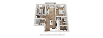 A floor plan of a house with a kitchen, living room, dining room, and two bedrooms.