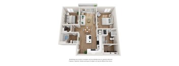 A floor plan of a small apartment with a kitchen, living room, and two bedrooms.