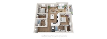 A 3D floor plan of a house with a kitchen, living room, and two bedrooms.
