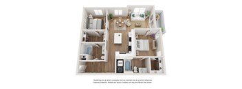 A 3D floor plan of a small apartment with a kitchen, living room, and bedroom.