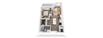 A 3D floor plan of a 1 BR B with a kitchen, living room, and bathroom.