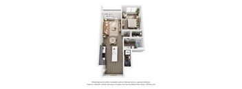 A 3D floor plan of 1 BR C with a kitchen, living room, bedroom, and bathroom.