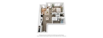 A 3D floor plan of 1 BR D with a kitchen, living room, bedroom, and bathroom.