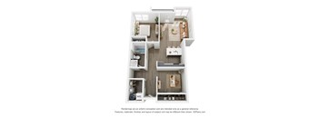 A 3D floor plan of 1 BR E with a kitchen, living room, bedroom, and bathroom.
