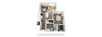 A 3D floor plan of 1 BR F with a kitchen, living room, bedroom, and bathroom.