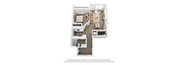 A 3D floor plan of 1 BR G with a kitchen, living room, bedroom, and bathroom.