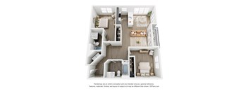 A 3D floor plan of 2 BR A with a kitchen, living room, bedroom, and bathroom.