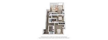 A 3D floor plan of 2 BR B with a kitchen, living room, 2 bedrooms, and 2 bathrooms.