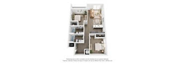 A 3D floor plan of 2 BR C with a kitchen, living room, 2 bedrooms, and 2 bathrooms.