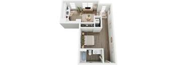 A top-down view of a small apartment with a kitchen, living room, and bathroom.
