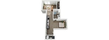 A top-down view of a small apartment with a kitchen, living room, and bathroom.