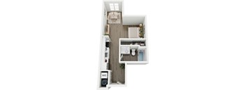 A top-down view of a small apartment with a kitchen, living room, and bathroom.