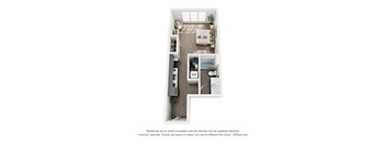 A 3D floor plan of a small apartment with a kitchen, living room, and bathroom.