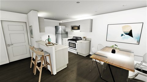 a kitchen and dining room with a table and chairs