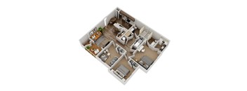 A 3D floor plan of a house with multiple rooms and furniture.