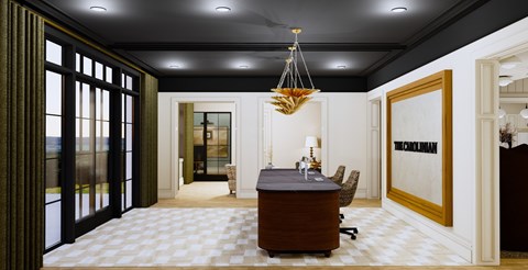 A room with a brown desk and chairs, a hanging light fixture, and a framed picture on the wall.