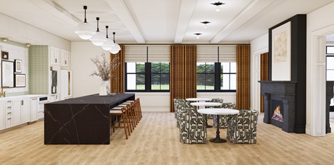 A black and white kitchen with a dining table and chairs.