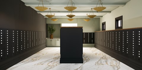 A black podium is in the middle of a room with brown walls and a marble floor.