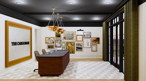 A room with a brown desk and a chandelier.