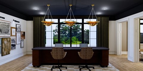 A room with a desk and chairs with a window in the background.