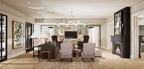 A living room with a fireplace and a painting on the wall.