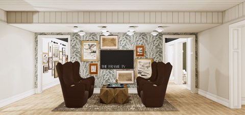 A living room with a large flat screen TV mounted on the wall.