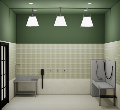 A bathroom with green walls and a white tiled shower area.
