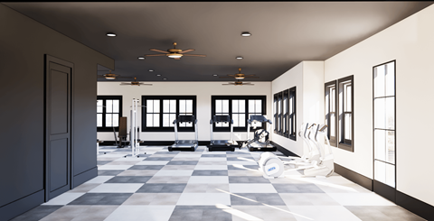 A room with a checkered floor and a robotic vacuum cleaner.