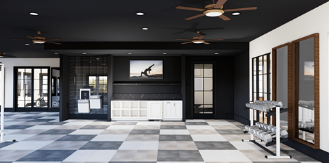 A black and white checkered floor in a spacious room.