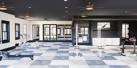 A spacious gym with a checkered floor and various exercise equipment.