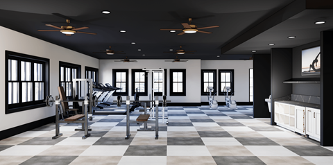 A spacious gym with a checkered floor and various exercise equipment.