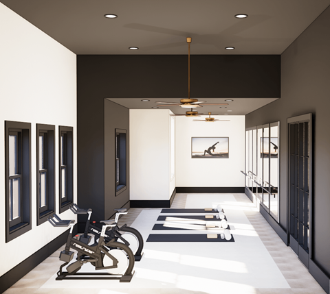 A modern home gym with a row of exercise equipment.