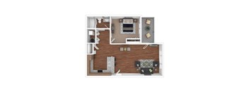 A top-down view of a living room with a couch, a coffee table, and a television.